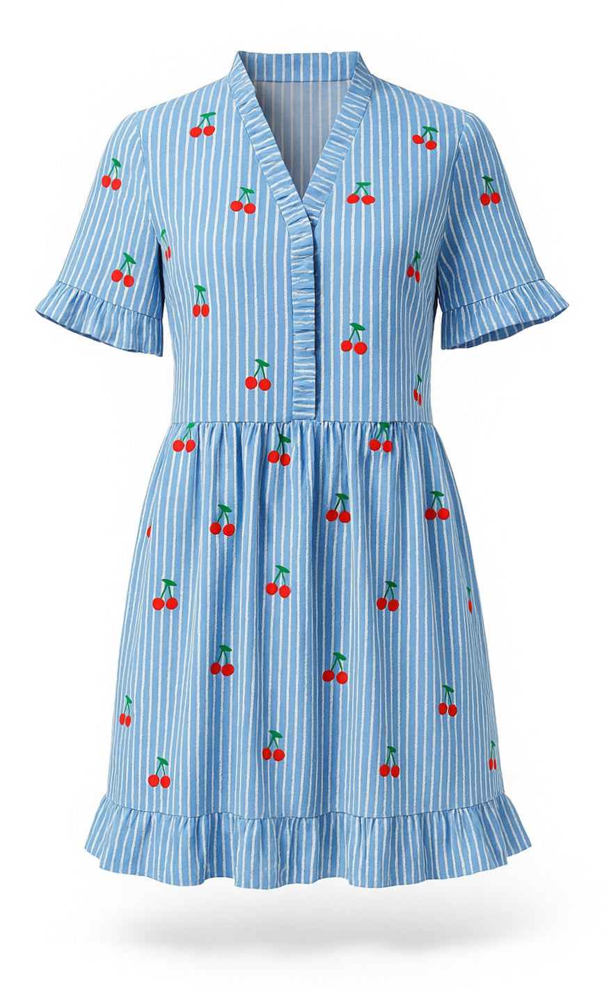 Say INA Copenhagen Kjole - Catja Summer - Blue Striped W. Cherries
