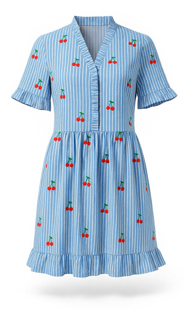 Say INA Copenhagen Kjole - Catja Summer - Blue Striped W. Cherries