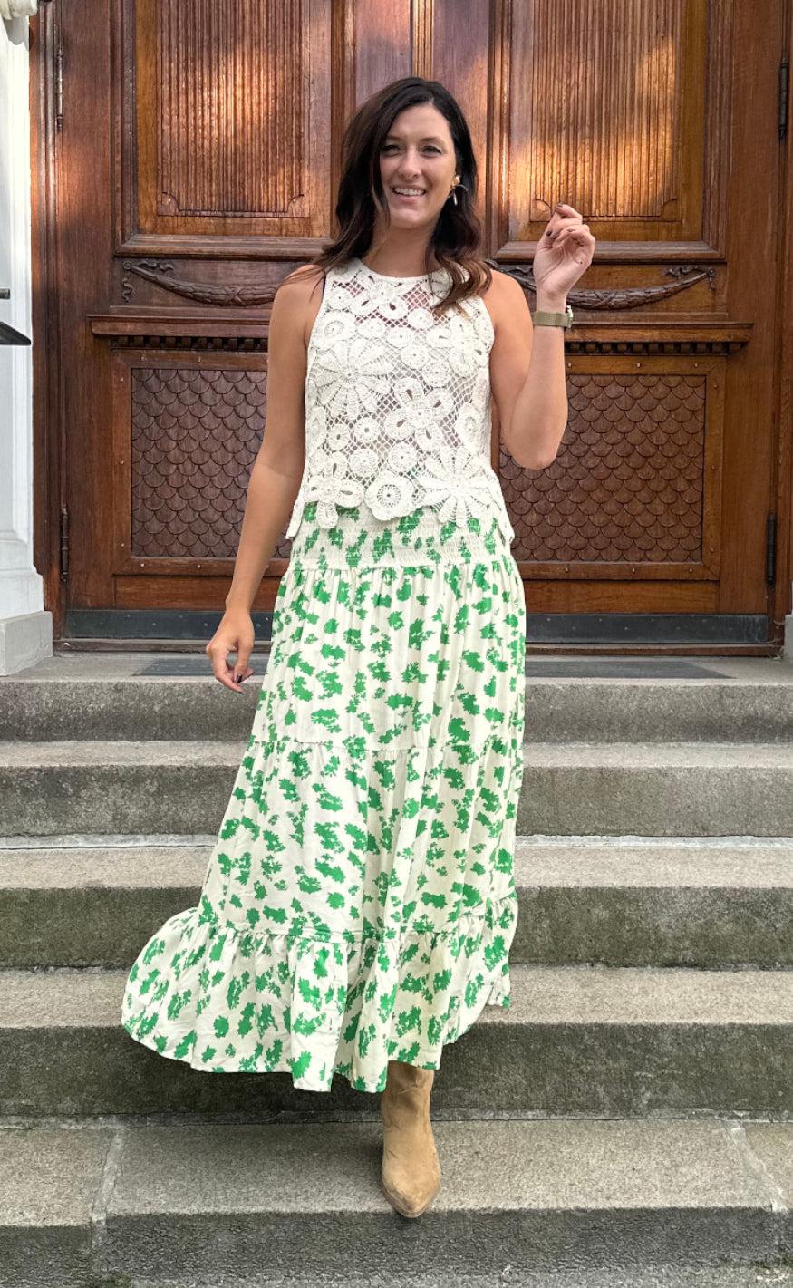 Say INA Copenhagen Skjørt - Nikoline - White/Green Flowers