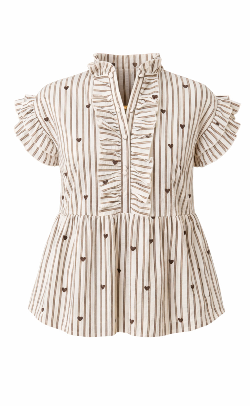 Say INA Copenhagen Topp - Freya - White / Brown Striped W. Brown Hearts
