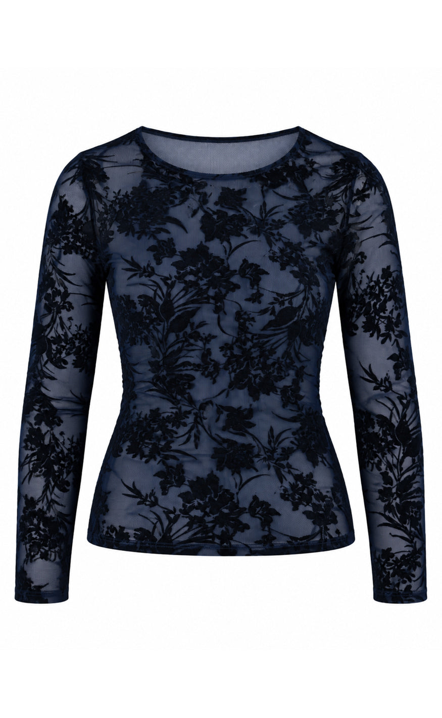 Say INA Copenhagen Bluse - Sophia Mesh - Navy Blue W. Black Flowers