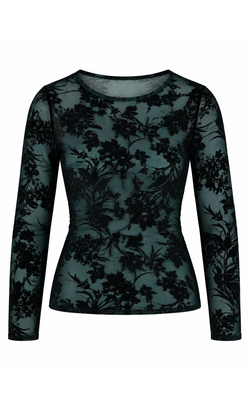 Say INA Copenhagen Bluse - Sophia Mesh - Petrol Green W. Black Flowers