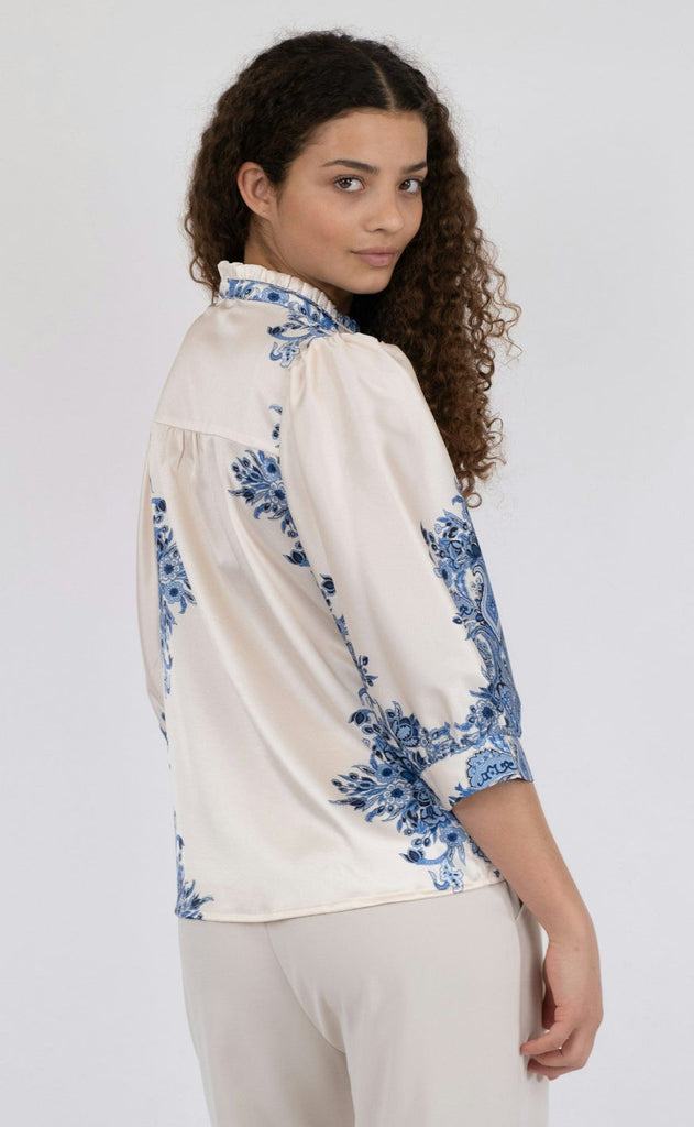 Neo Noir Bluse - Roselle Paisley Border - Bright Blue