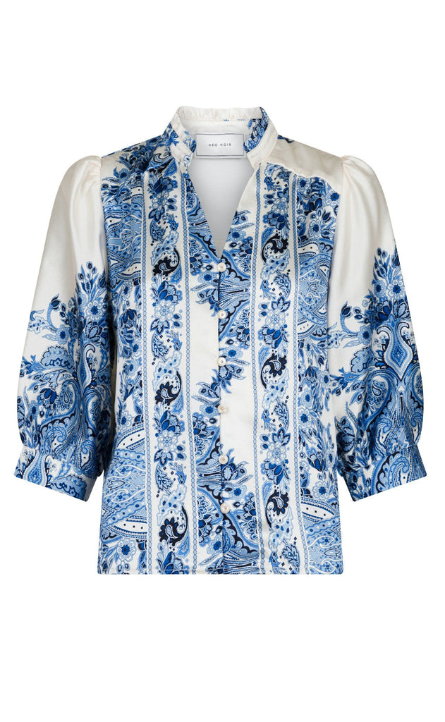 Neo Noir Bluse - Roselle Paisley Border - Bright Blue