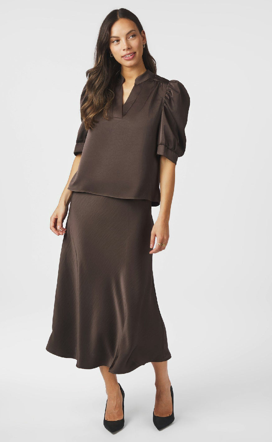 Neo Noir Bluse - Roella Heavy Sateen - Dark Brown