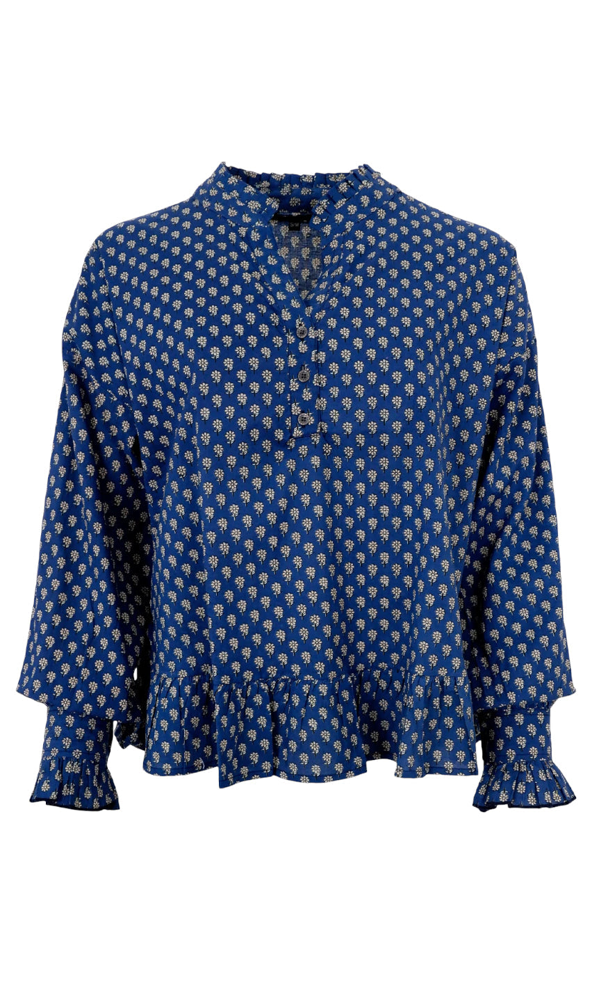 Black Colour Bluse - Flora Ruffle - Blue Floral