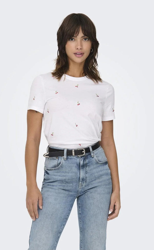 ONLY T-shirt - Ketty Life s/s - Bright White/Cherries