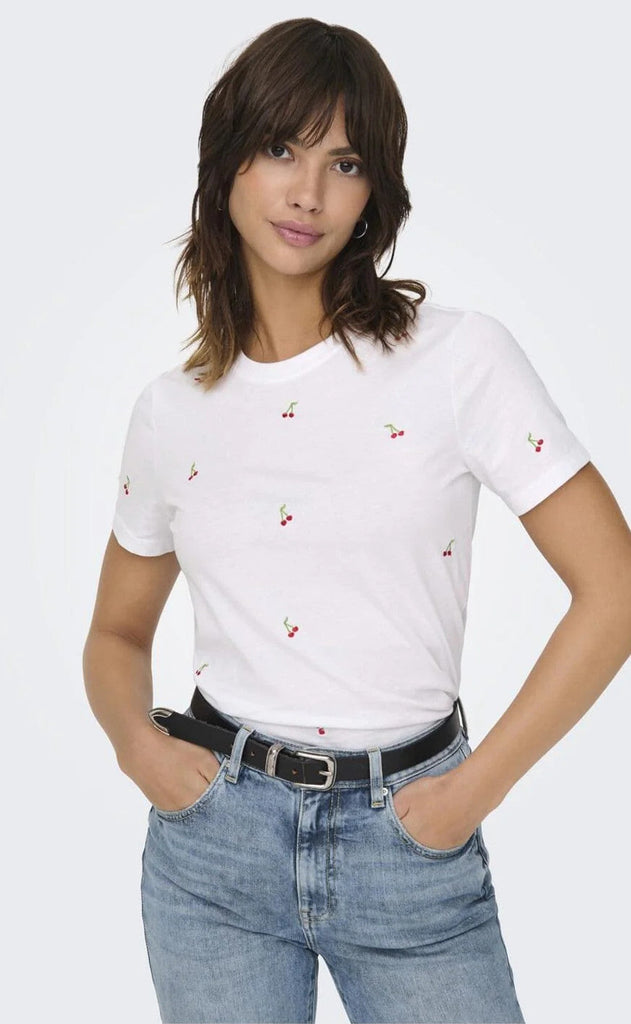 ONLY T-shirt - Ketty Life s/s - Bright White/Cherries
