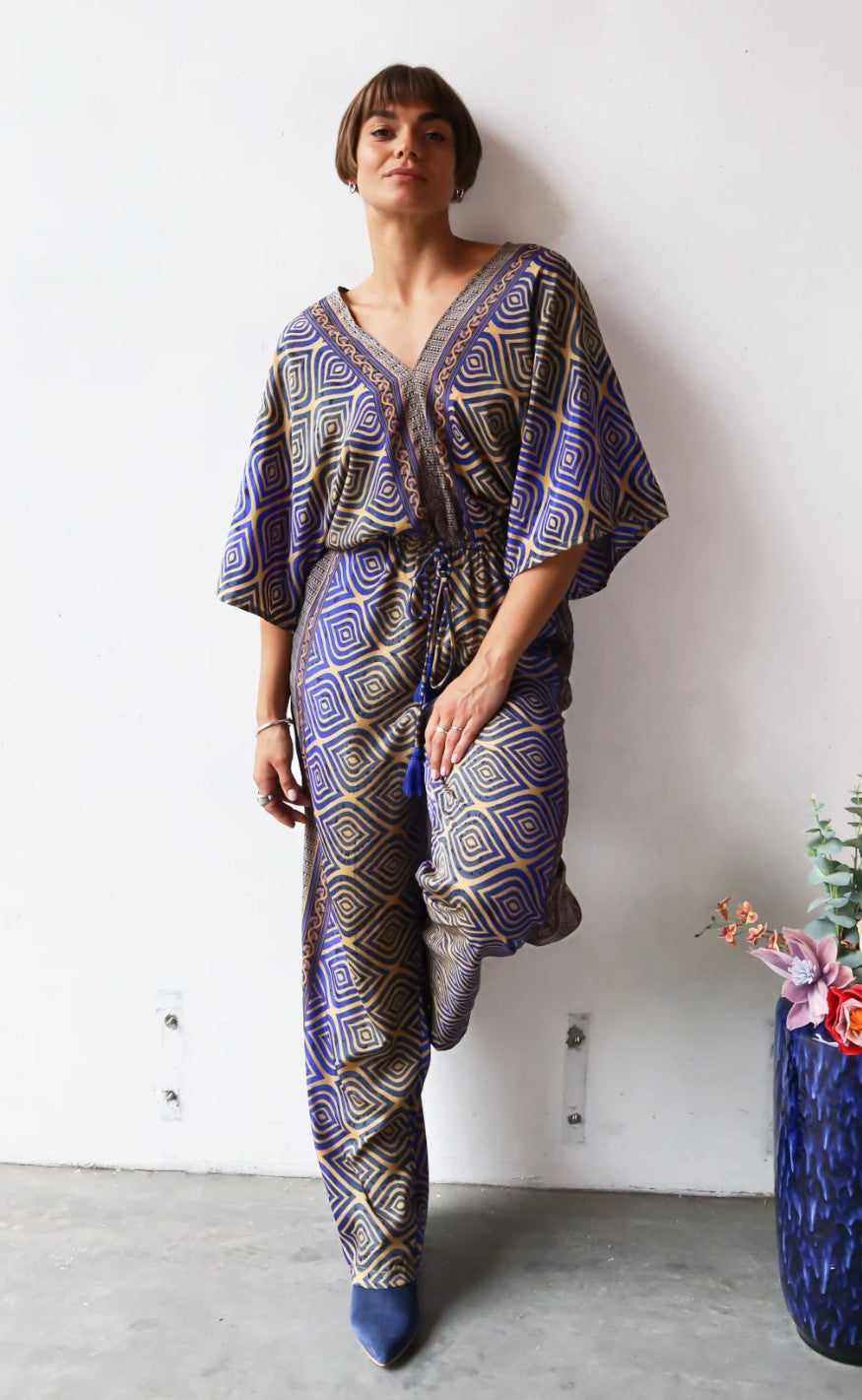 Black Colour Jumpsuit - Luna Double V-Neck - Blue Jewel