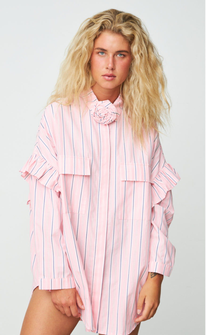 Cras Skjorte - Flower - Pink Blue Stripe