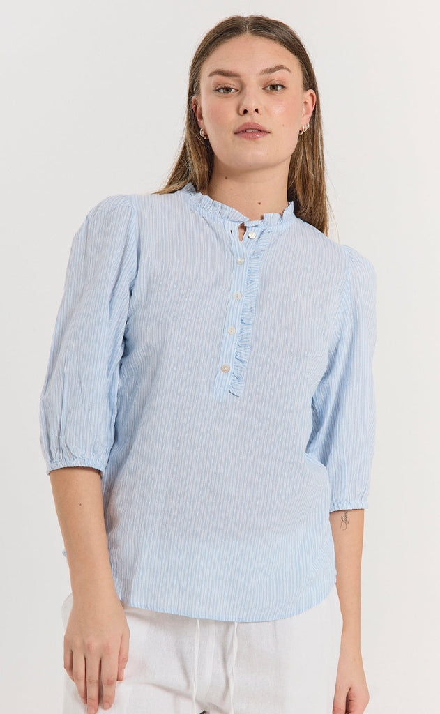 Freequent Bluse - Rolly - Chambray Blue w. Star Off-white