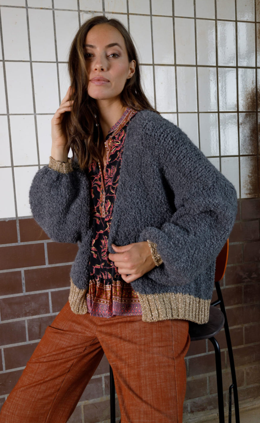 Black Colour Cardigan - Teddy - Grey