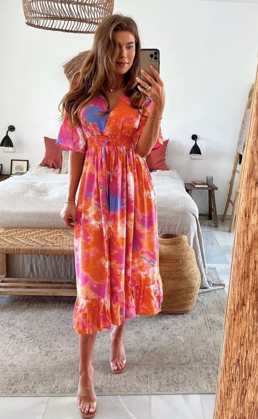 Continue Kjole - Thilde - Orange/Pink Flower