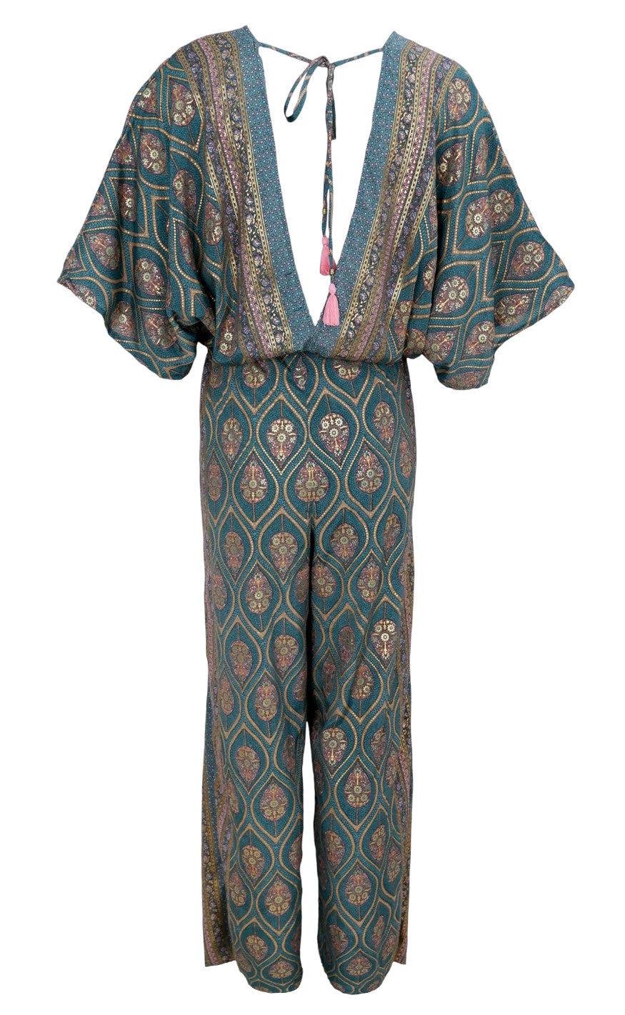 Black Colour Jumpsuit - Luna Double V-Neck - Green Tulip