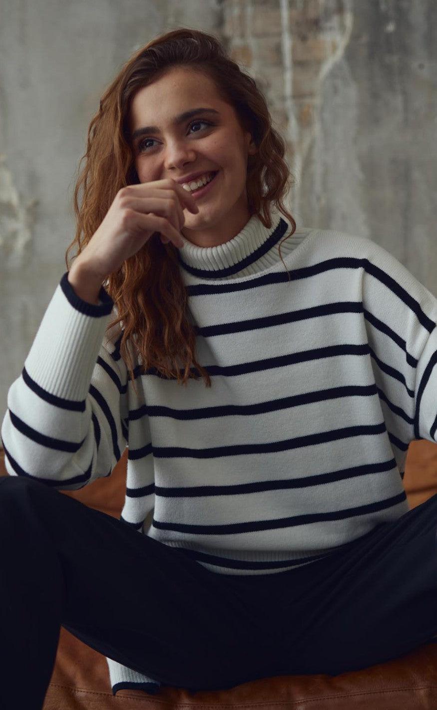A-View Sweater - Bella - White With Black Stripes