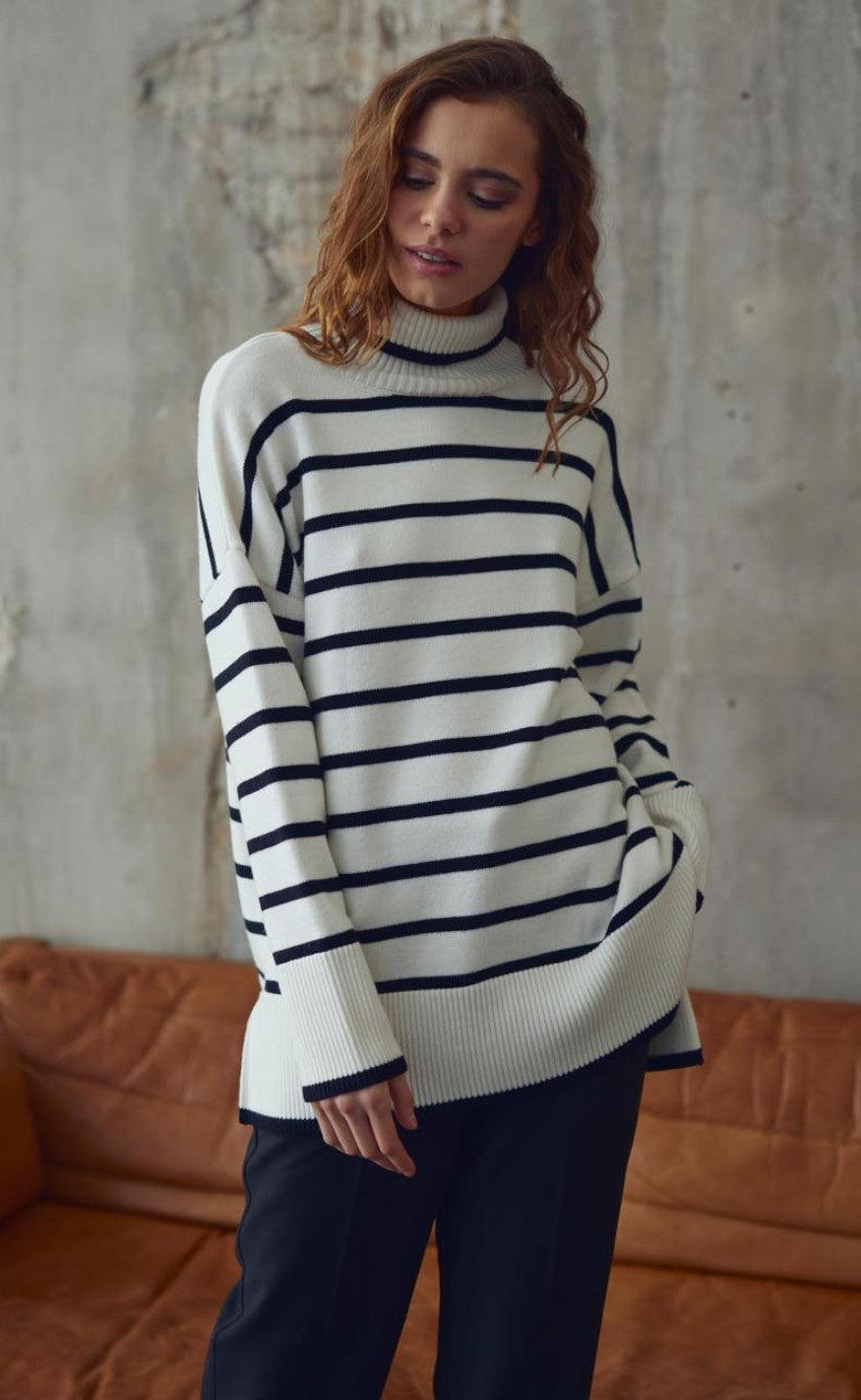 A-View Sweater - Bella - White With Black Stripes