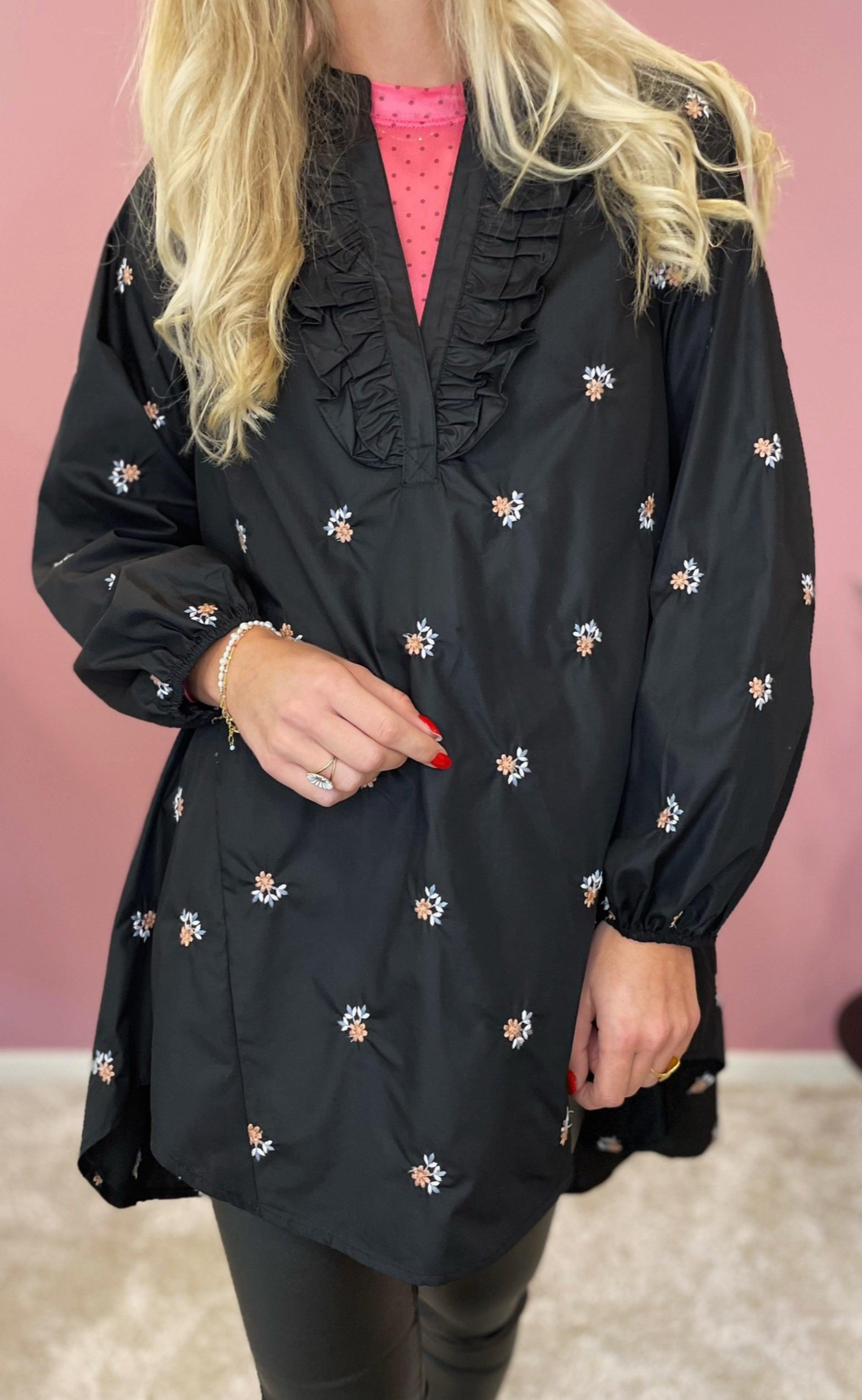 Black Colour Bluse - Florence Mesh - Pink Dot