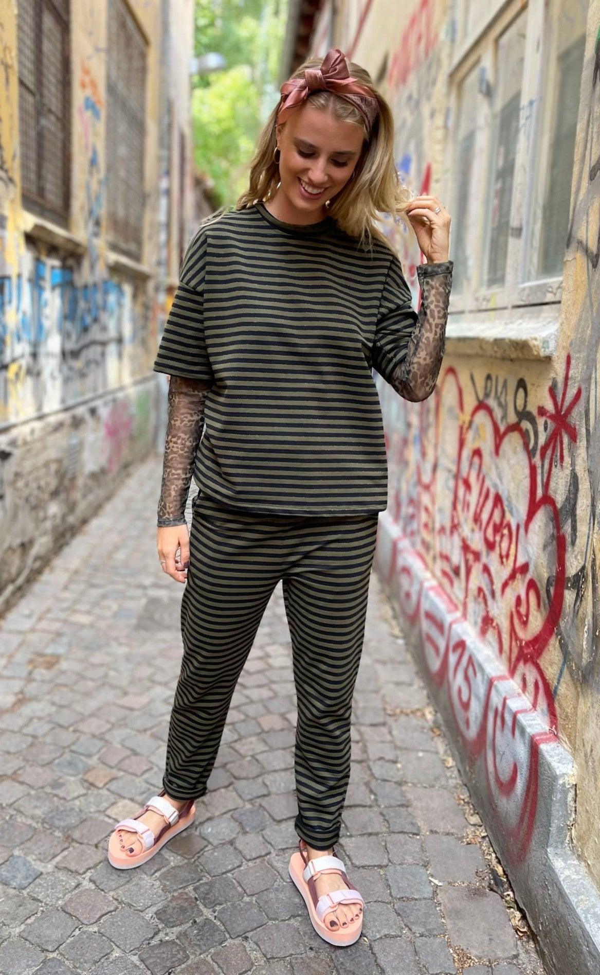 Black Colour Bukser - Jessa Striped - Army