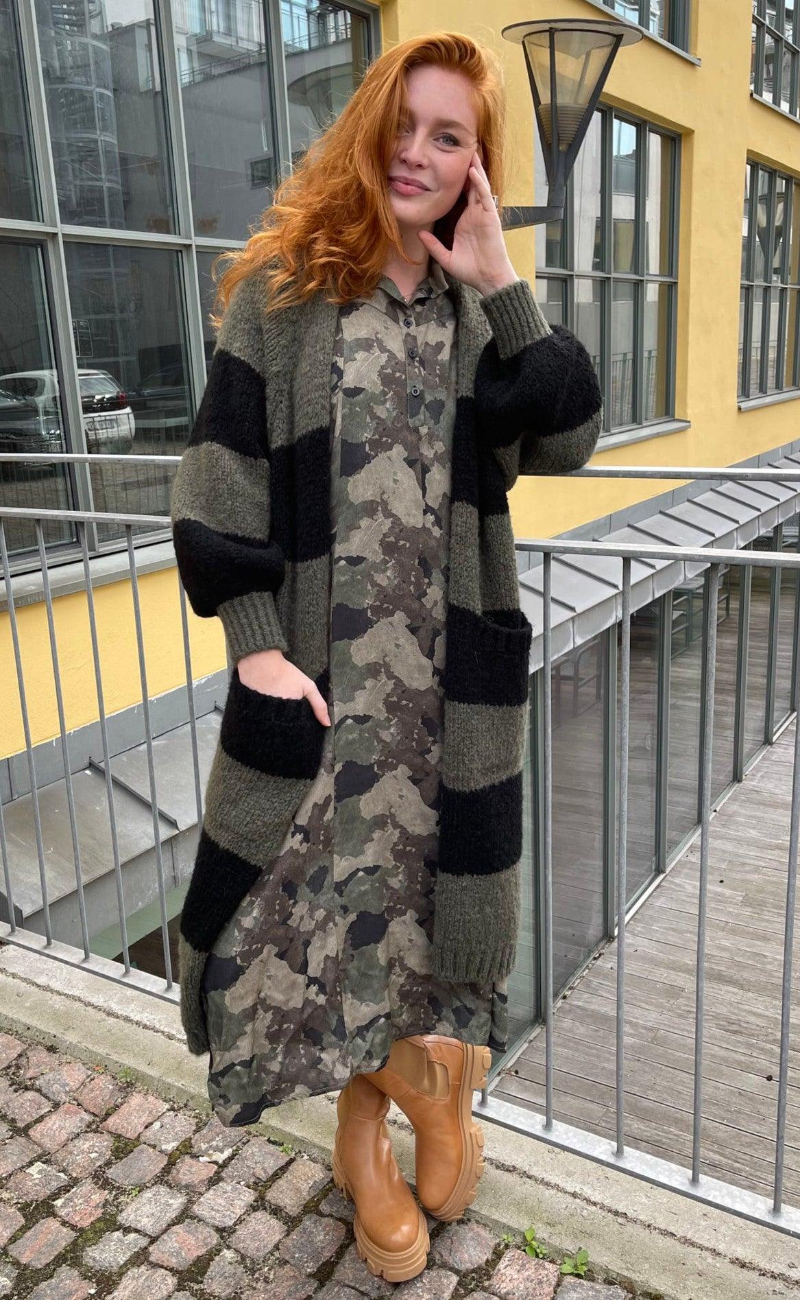 Black Colour Cardigan - Fabiola Long Knit - Army/Black
