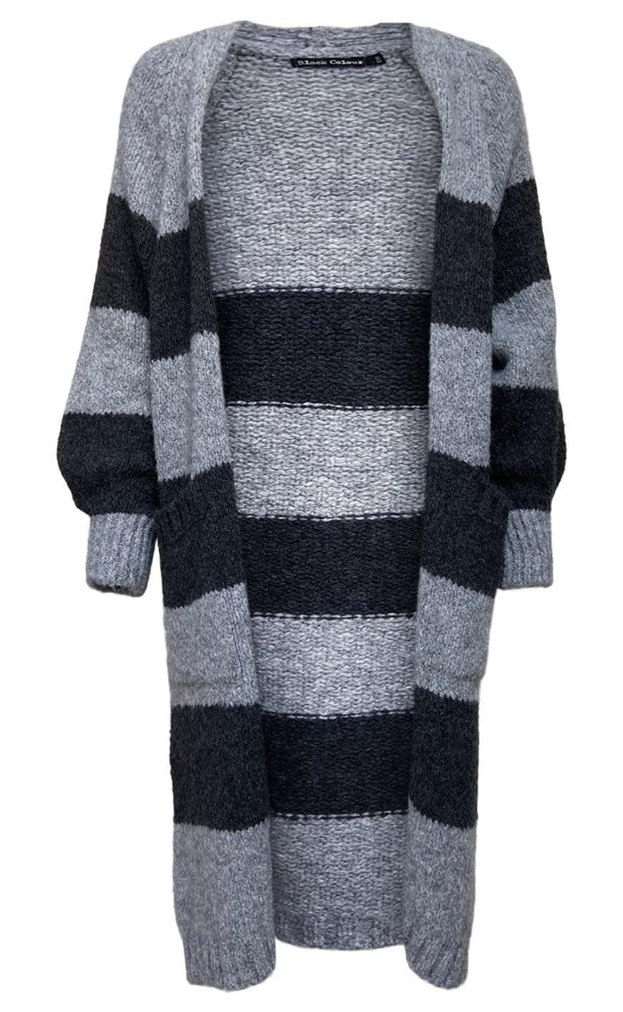 Black Colour Cardigan - Fabiola Long Knit - Grey/Black