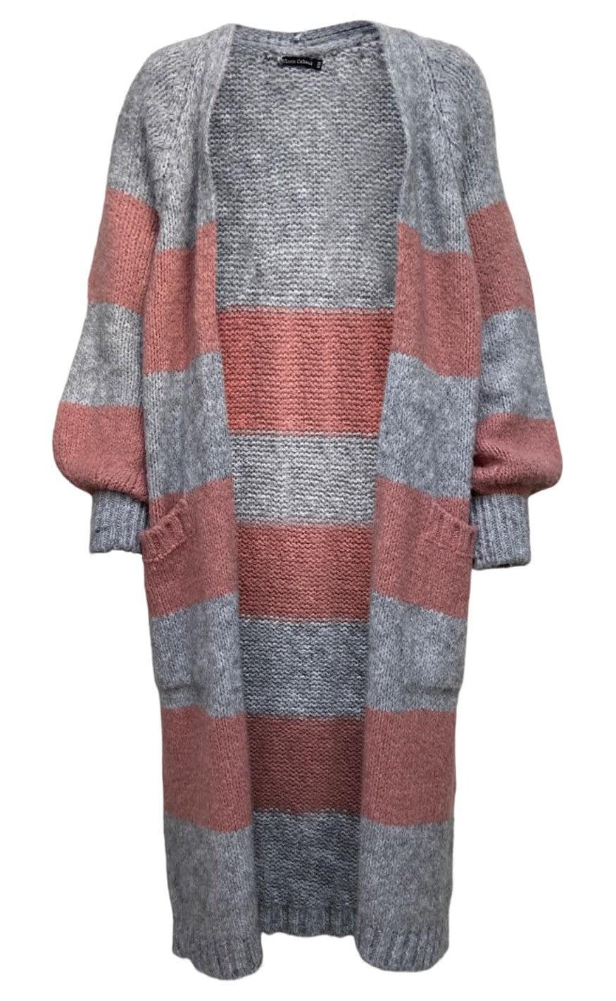 Black Colour Cardigan - Fabiola Long Knit - Grey/Rose