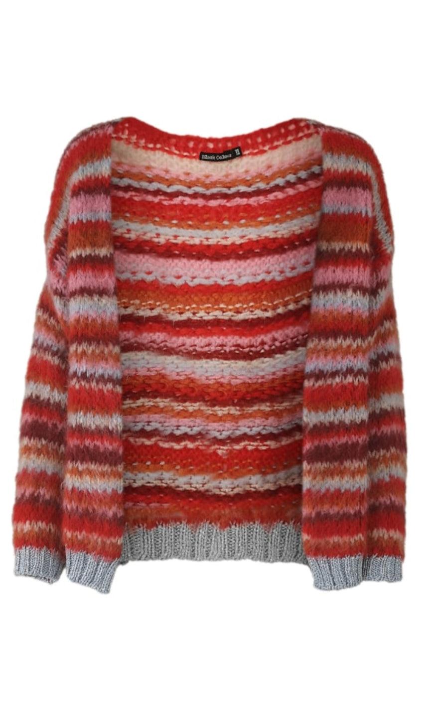 Black Colour Cardigan - TUULA striped - Red