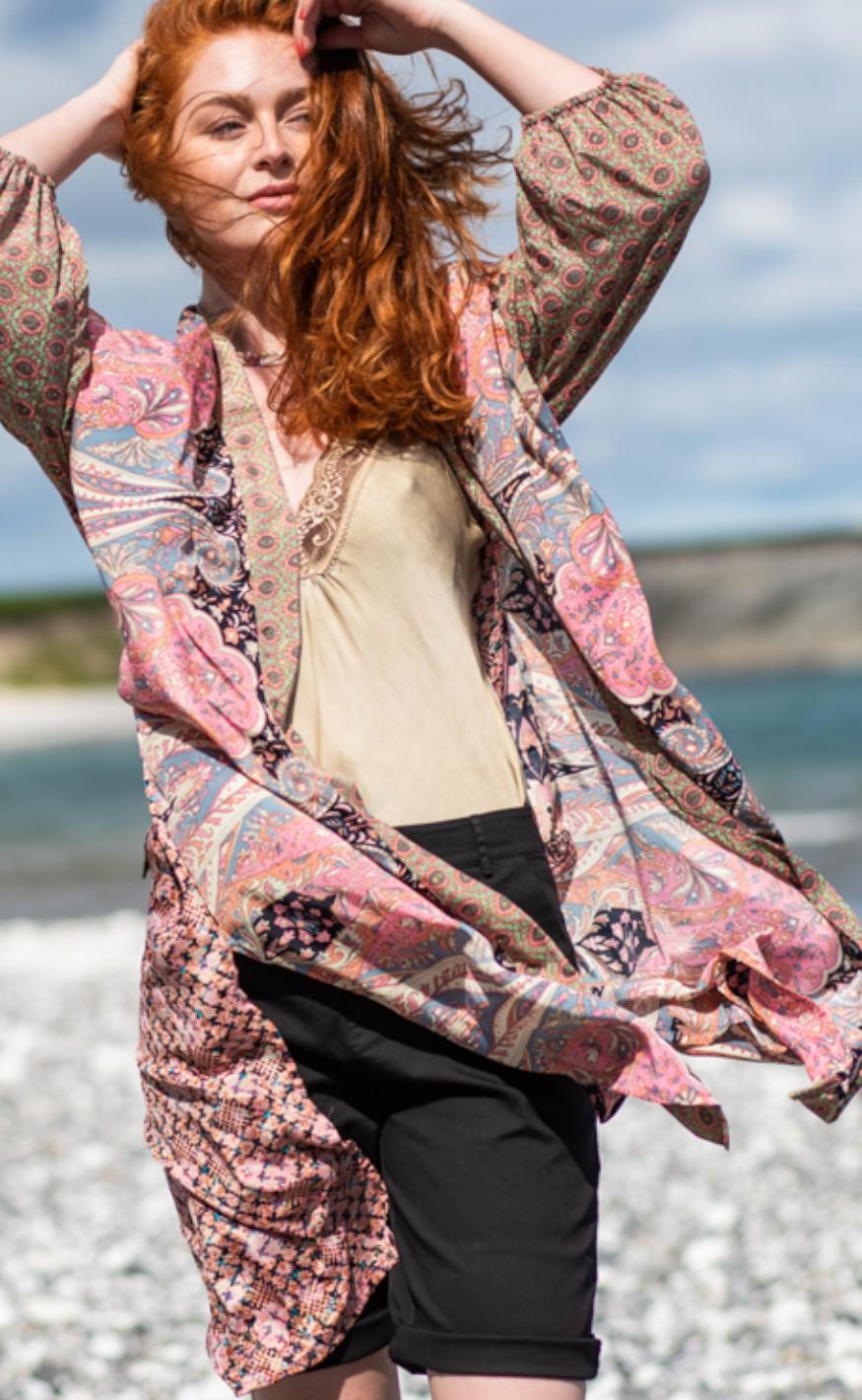 Black Colour Kimono - Luna Long - Pink Exotic