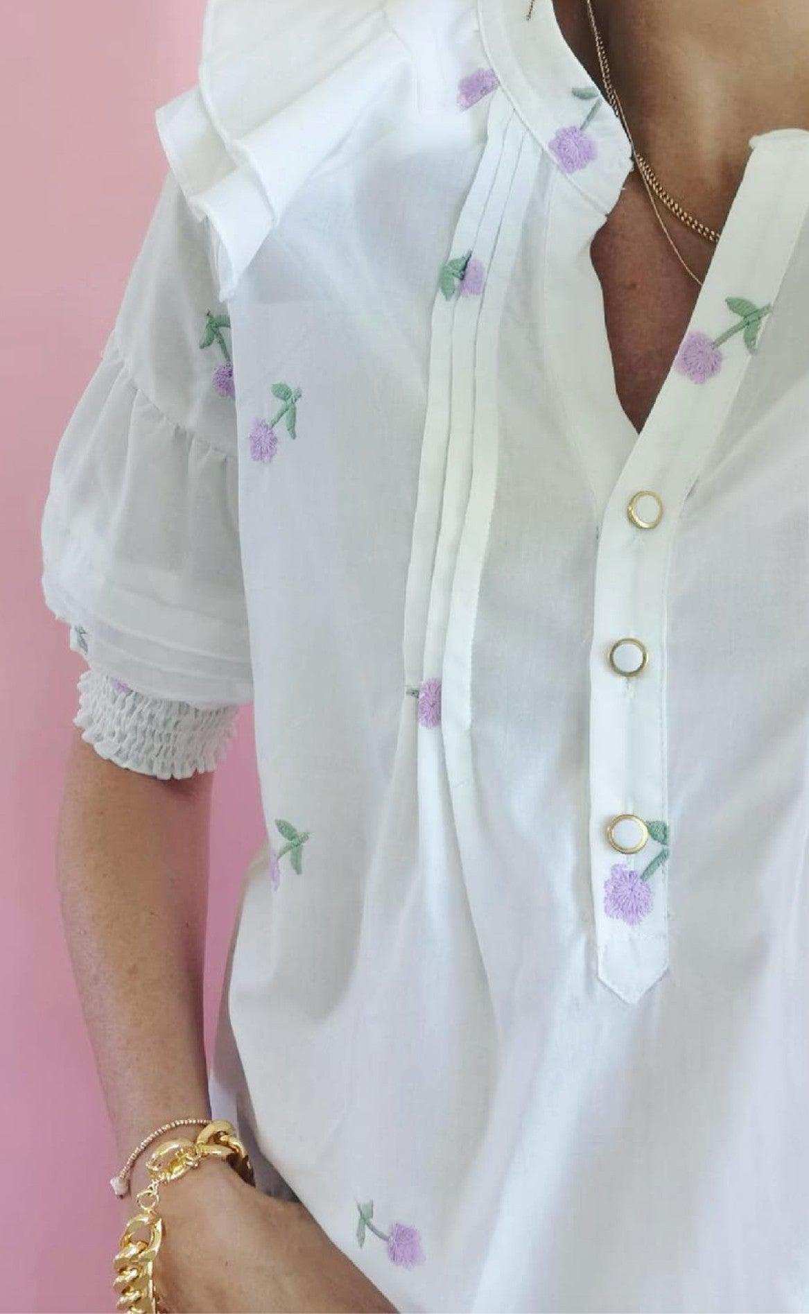 Gossia Bluse - Freya - White With Lavender Flower