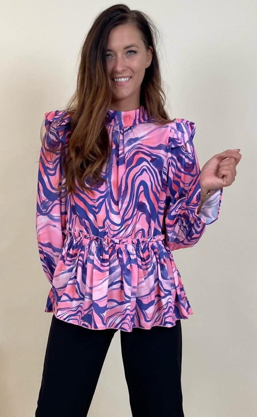 Hunkøn Bluse - Monique - Pink Swirl Art Print