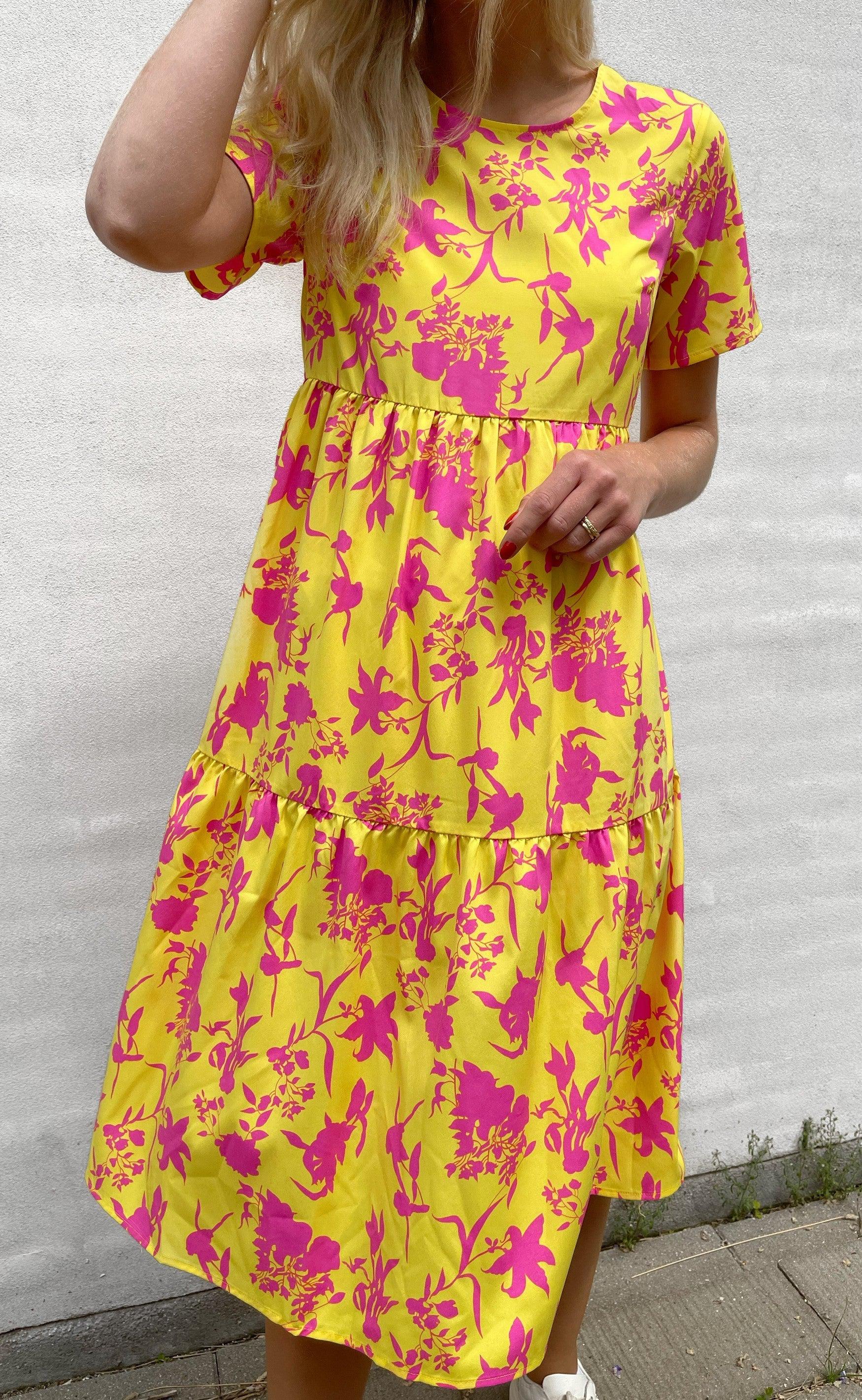 INA Copenhagen Kjole - Selma - Yellow / Pink Flower