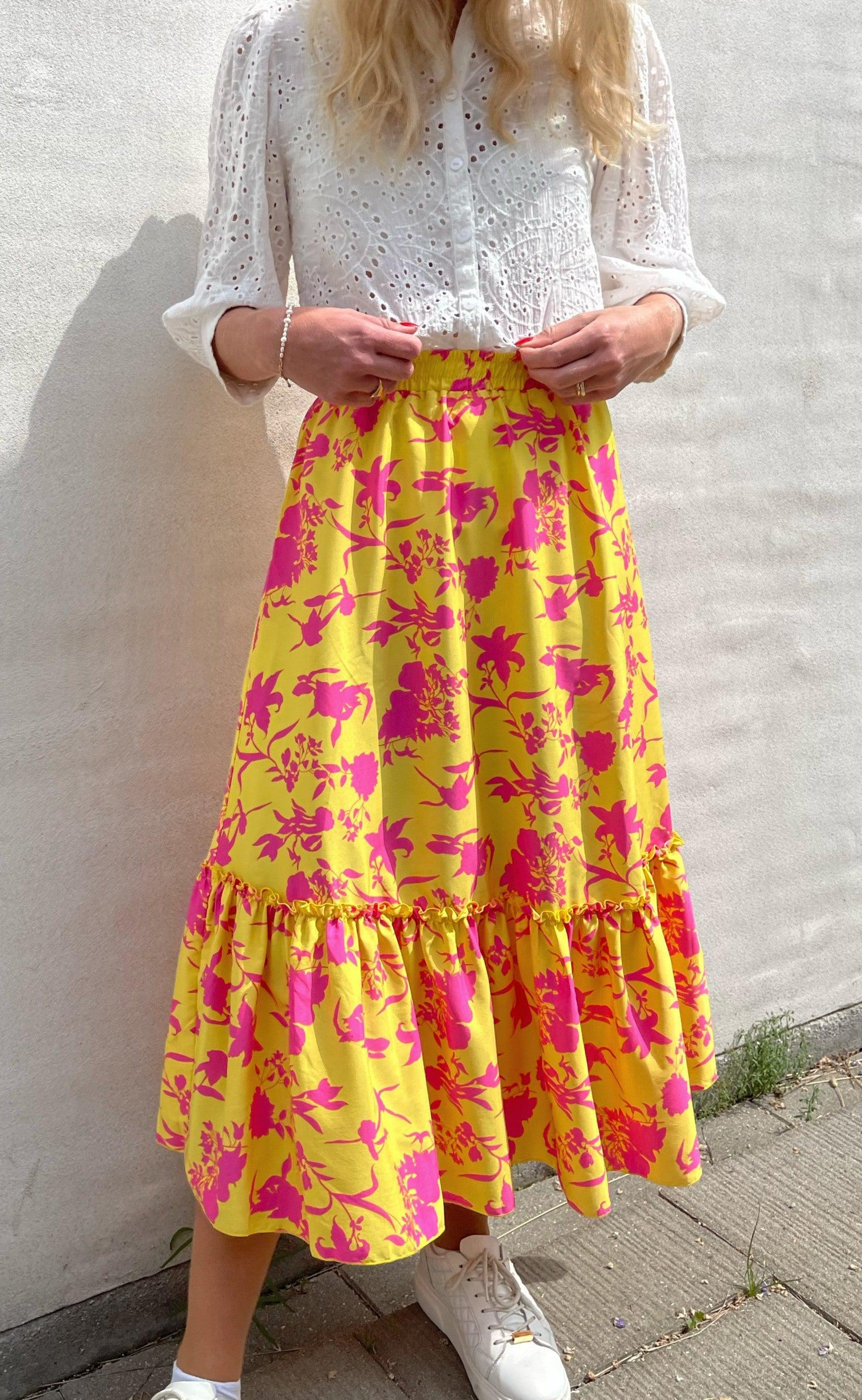 INA Copenhagen Nederdel - Hanna - Yellow / Pink Flower