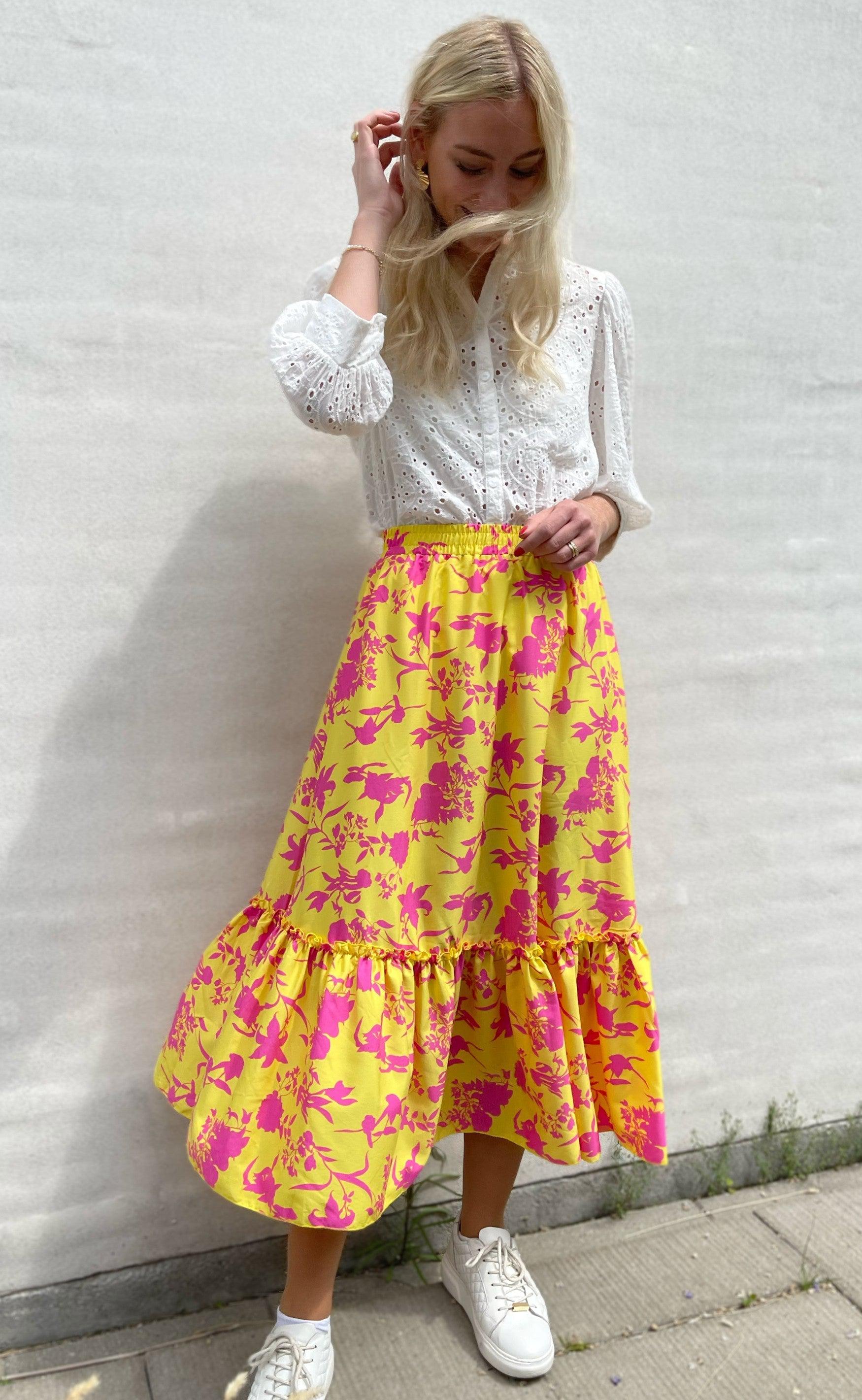 INA Copenhagen Nederdel - Hanna - Yellow / Pink Flower