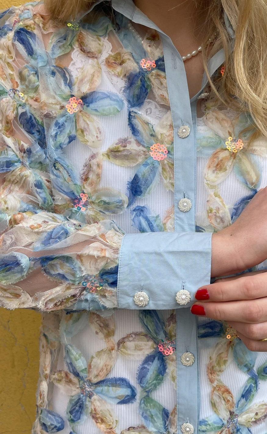 INA Copenhagen Skjorte - Pama - Blue Sequin Flower