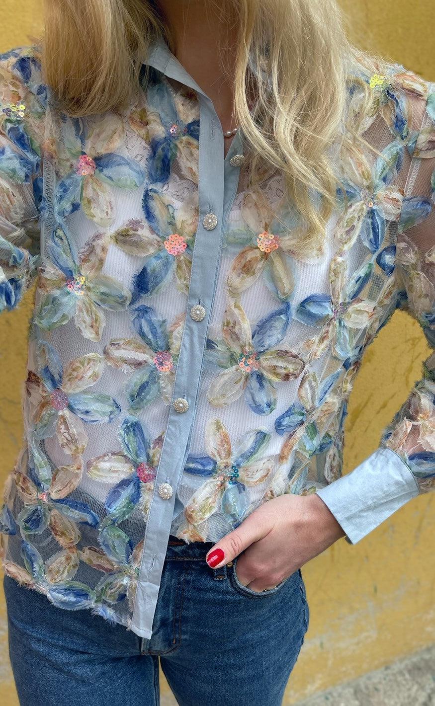 INA Copenhagen Skjorte - Pama - Blue Sequin Flower