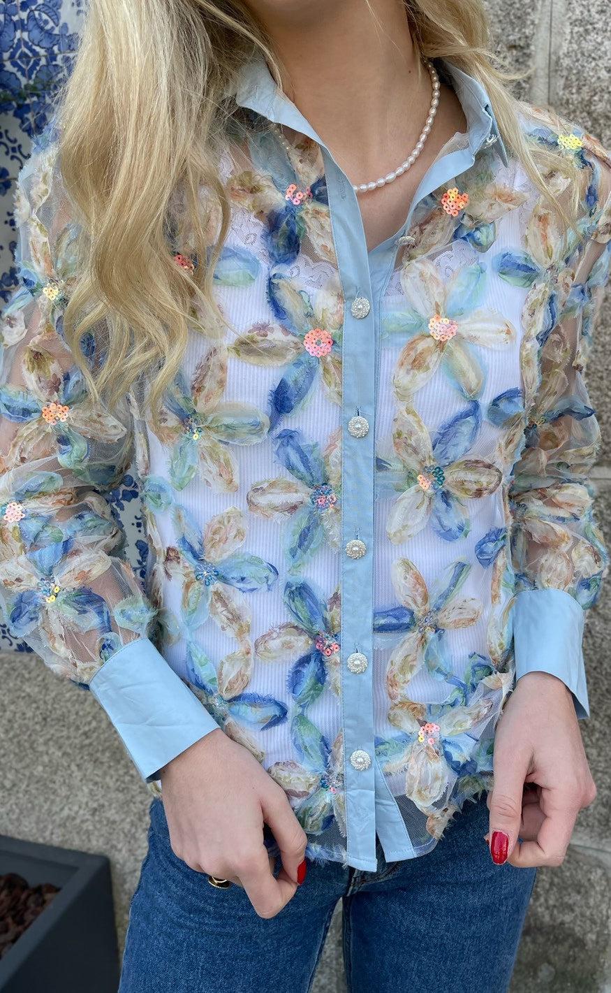 INA Copenhagen Skjorte - Pama - Blue Sequin Flower