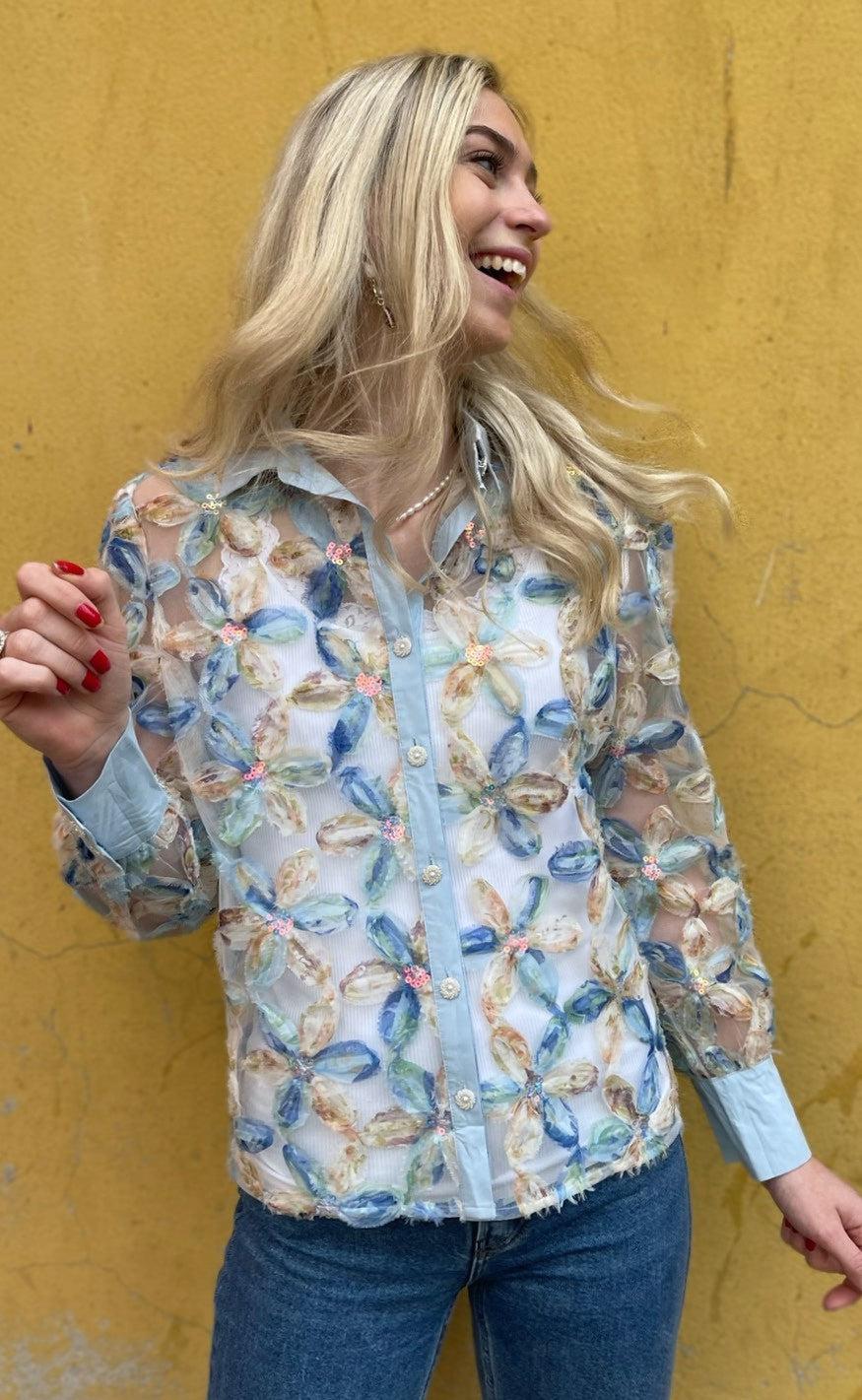 INA Copenhagen Skjorte - Pama - Blue Sequin Flower
