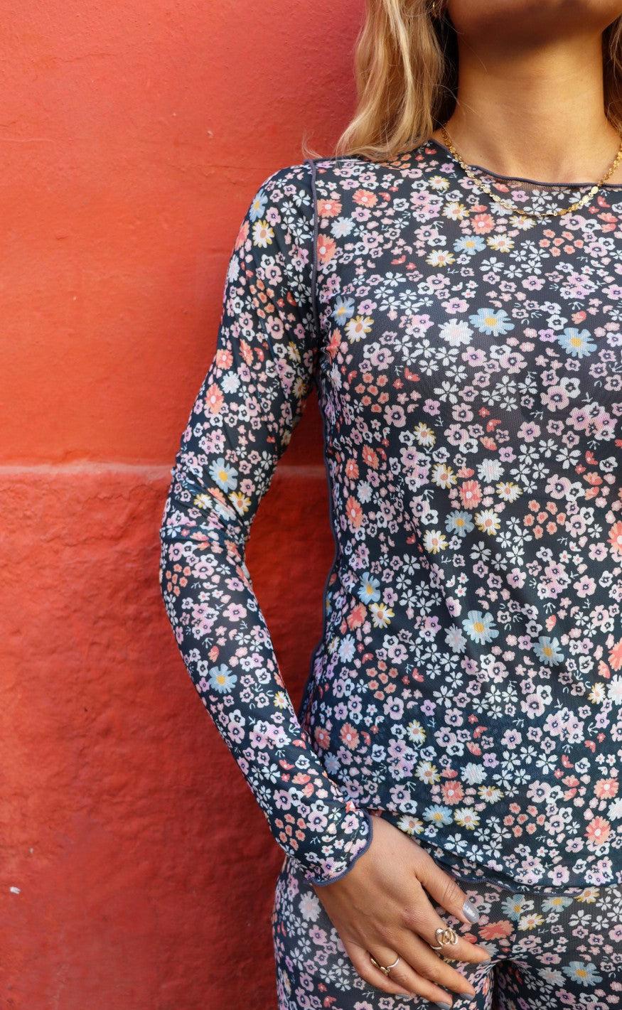 Liberte Bluse - Mesh - Dark Grey White Flower