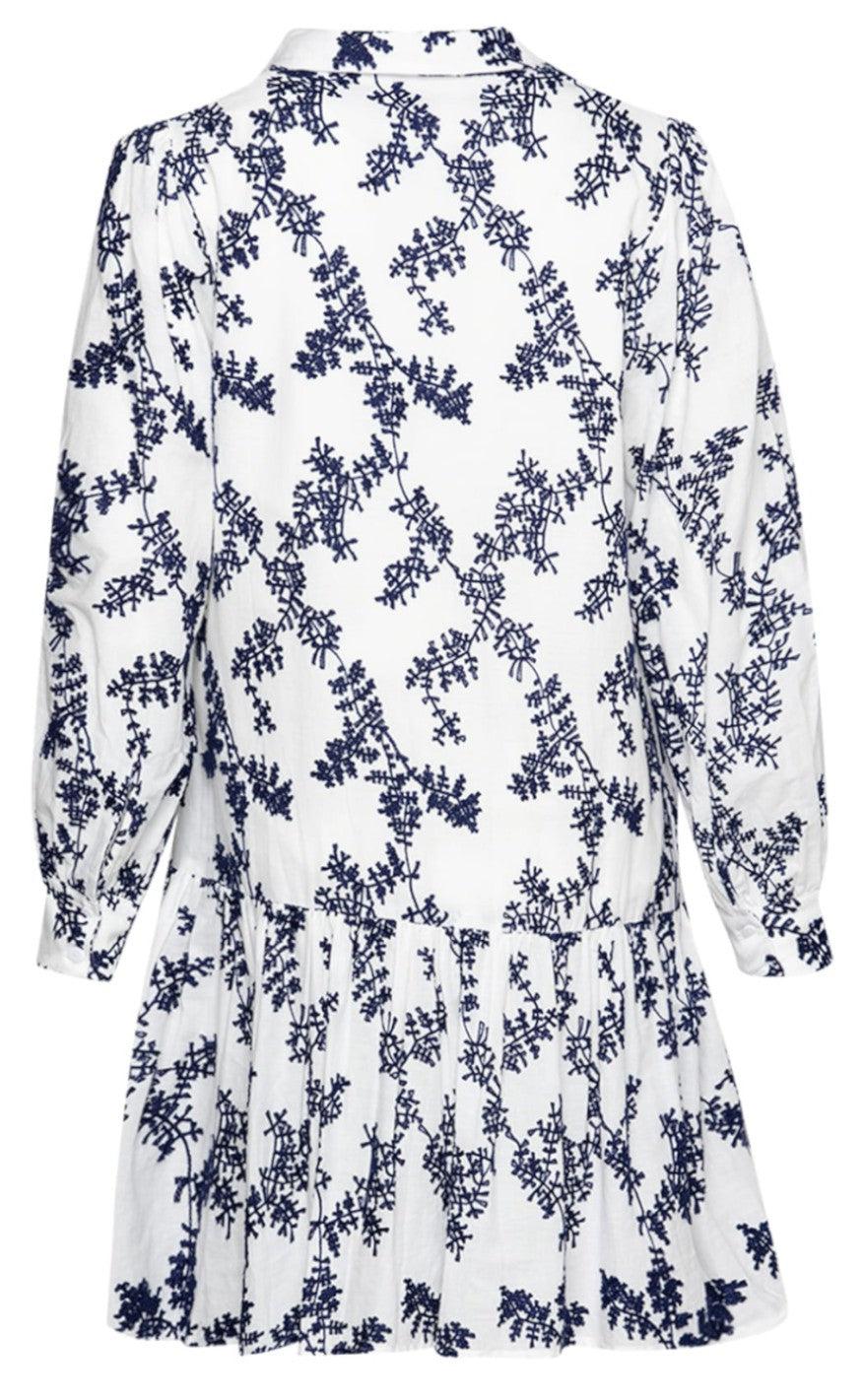 Noella Kjole - Frilla - White/Navy Embrodery