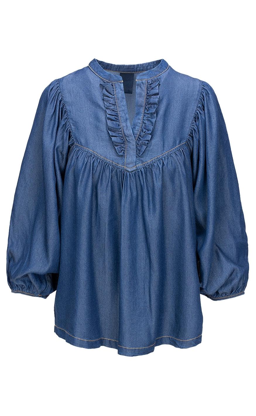 One Two Luxzuz Bluse - Melanina - Faded Denim