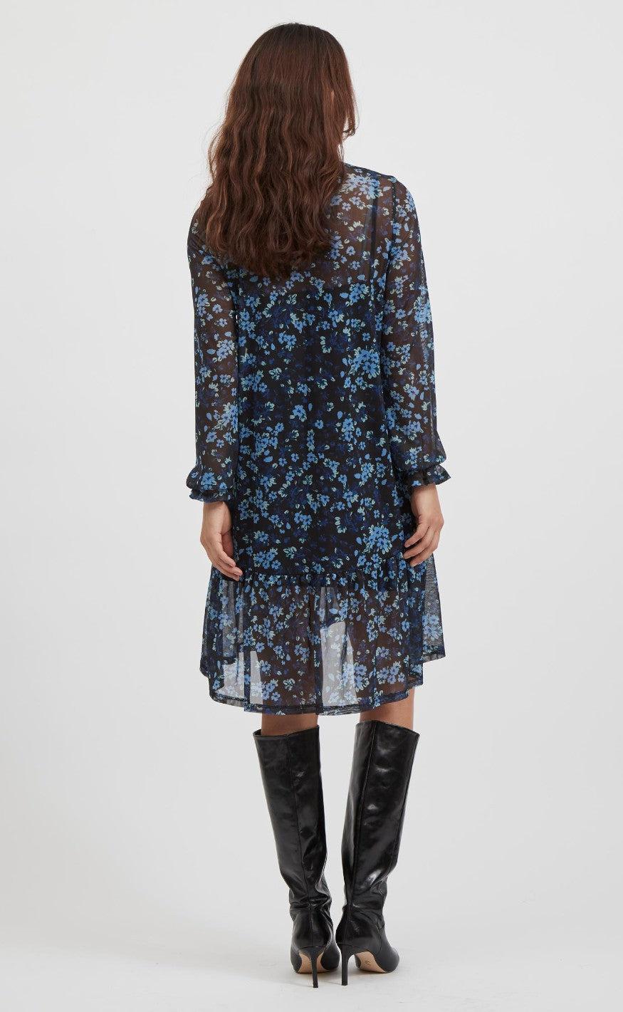 VILA Kjole - Highneck Mesh - Black / Flower Print