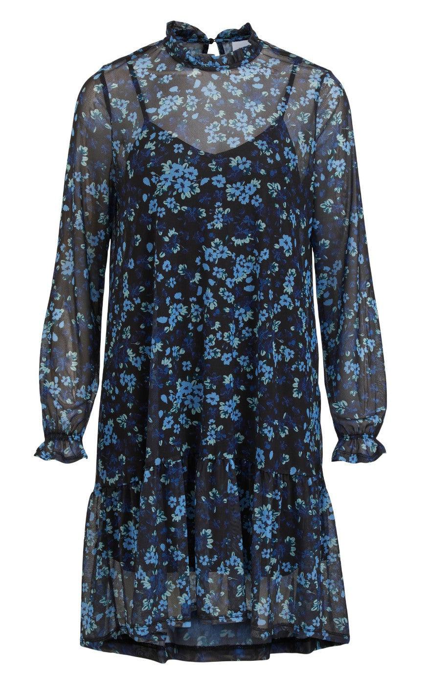 VILA Kjole - Highneck Mesh - Black / Flower Print