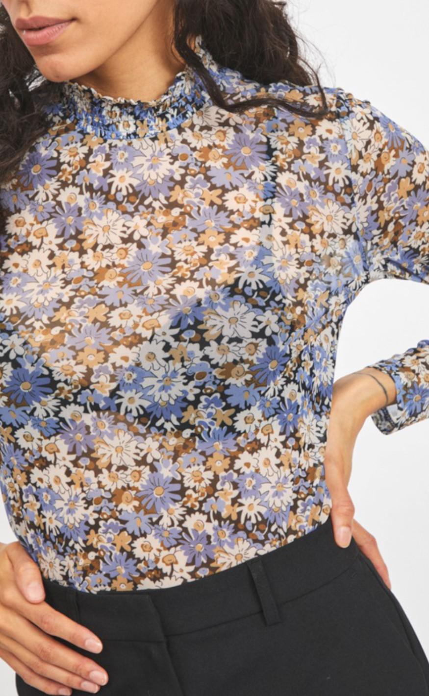 VILA Top - Camila Mesh - Black/ Flower Print